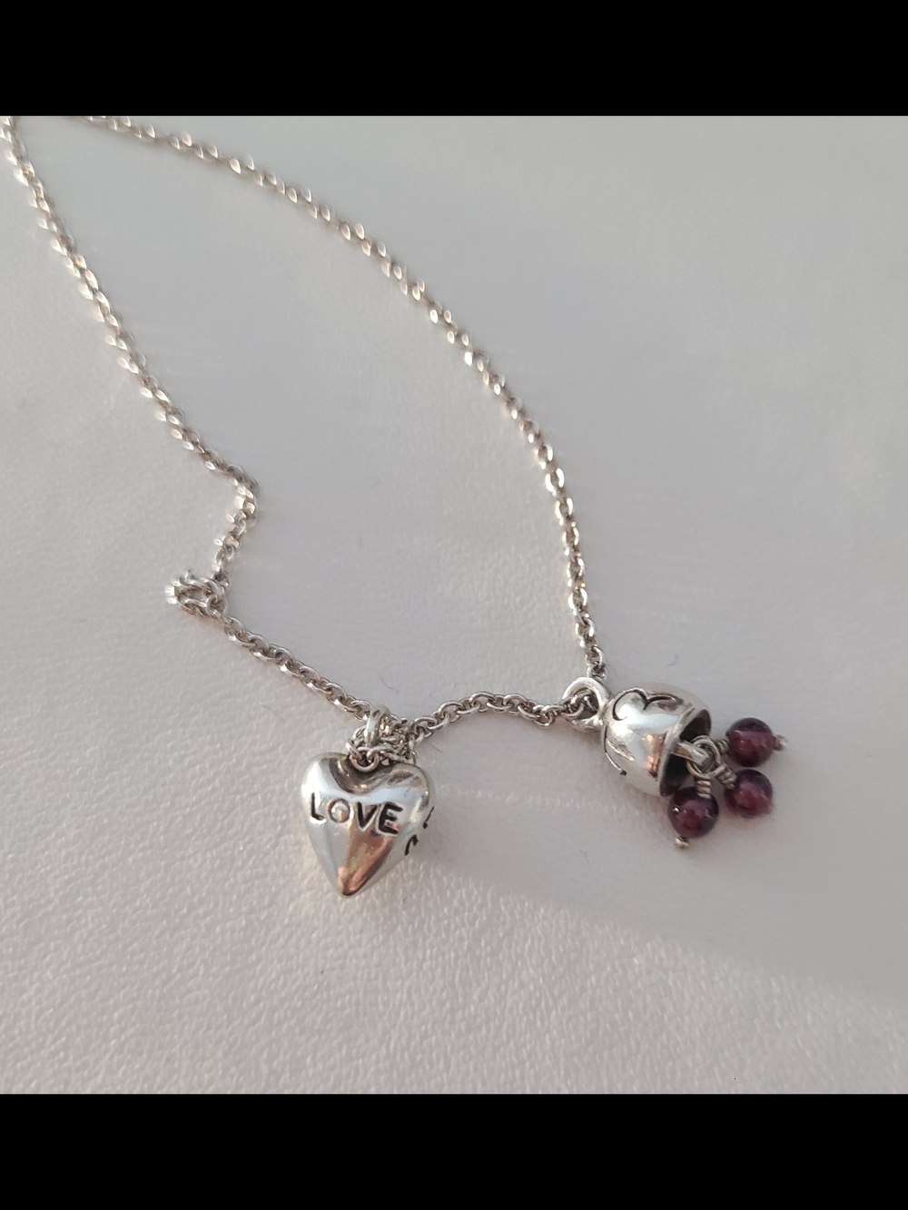 Me & Ro Silver 'LOVE' Heart Necklace with Deep Red Bead Drops